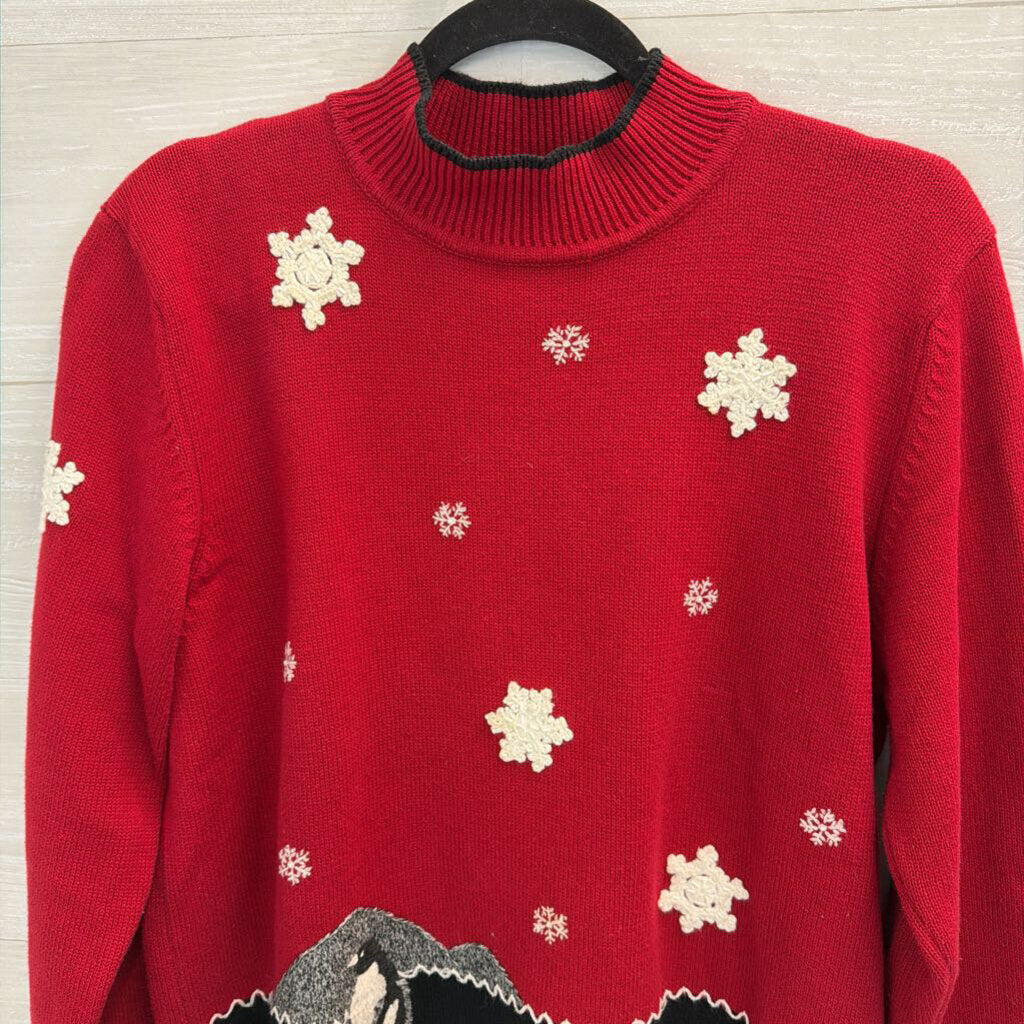 Vintage Alfred Dunner Red/ White Snowflake/ Penguin Mock Neck Sweater Large