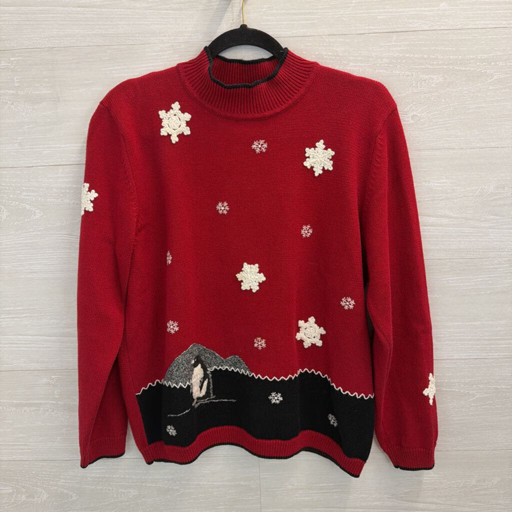 Vintage Alfred Dunner Red/ White Snowflake/ Penguin Mock Neck Sweater Large