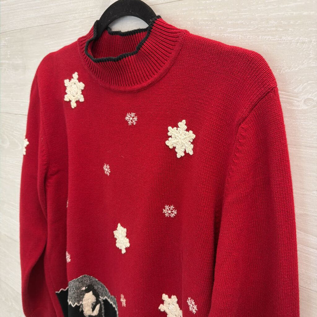 Vintage Alfred Dunner Red/ White Snowflake/ Penguin Mock Neck Sweater Large