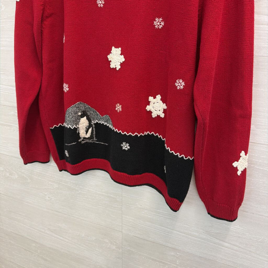 Vintage Alfred Dunner Red/ White Snowflake/ Penguin Mock Neck Sweater Large