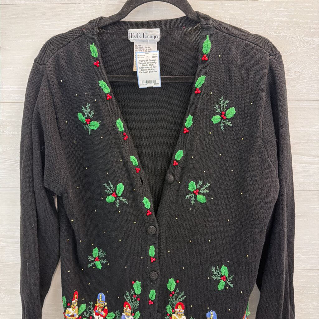 Vintage BP Design Black/ Multi Embroidered Toy Solider Holiday Cardigan Sweater Small