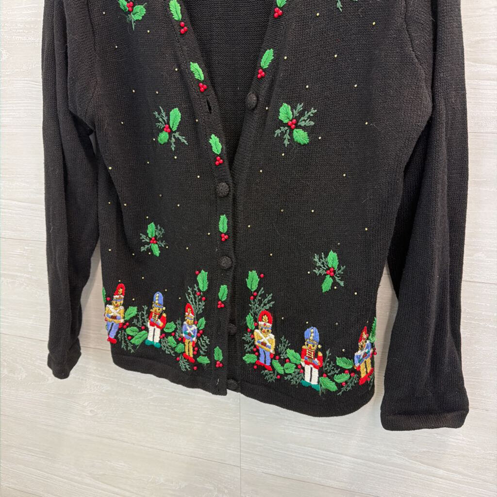 Vintage BP Design Black/ Multi Embroidered Toy Solider Holiday Cardigan Sweater Small