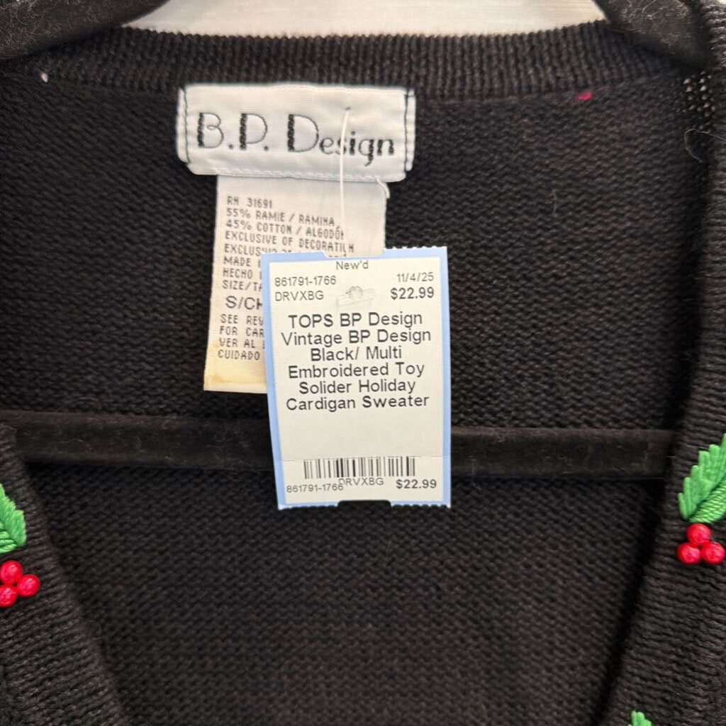 Vintage BP Design Black/ Multi Embroidered Toy Solider Holiday Cardigan Sweater Small