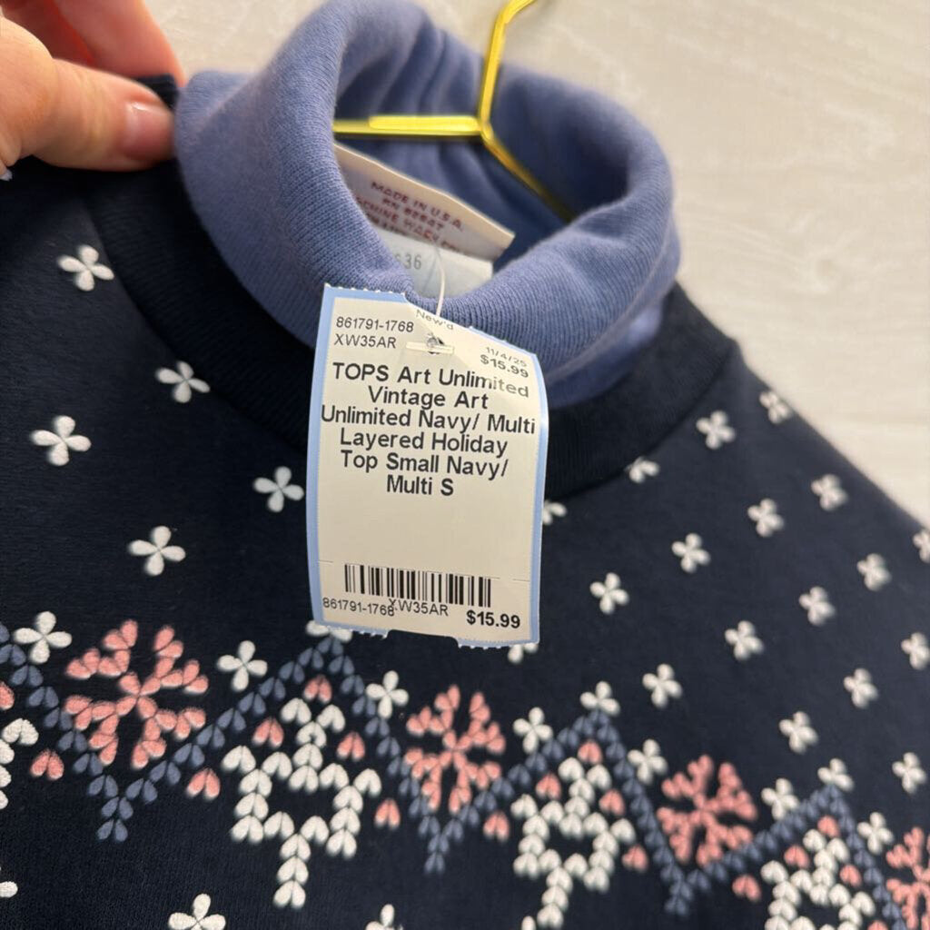 Vintage Art Unlimited Navy/ Multi Layered Holiday Top Small