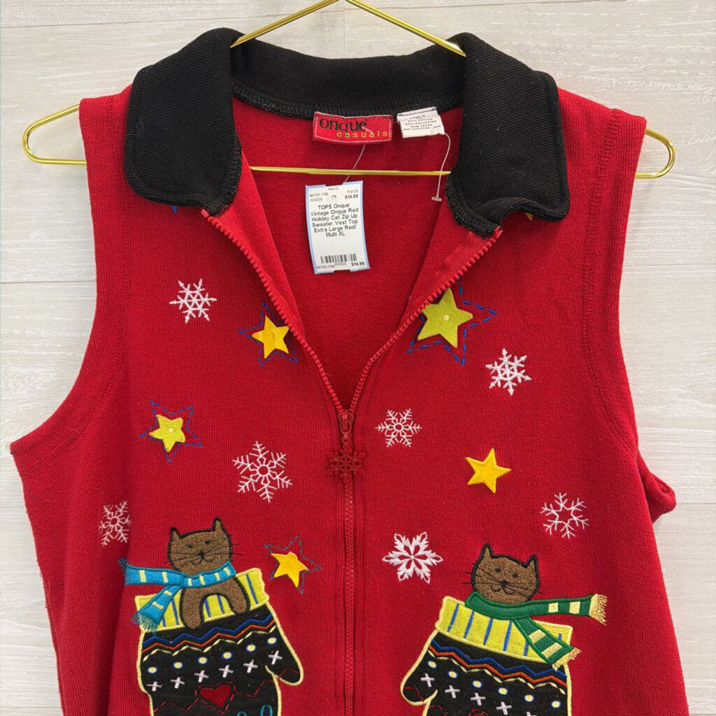 Vintage Onque Red Holiday Cat Zip Up Sweater Vest Top Extra Large