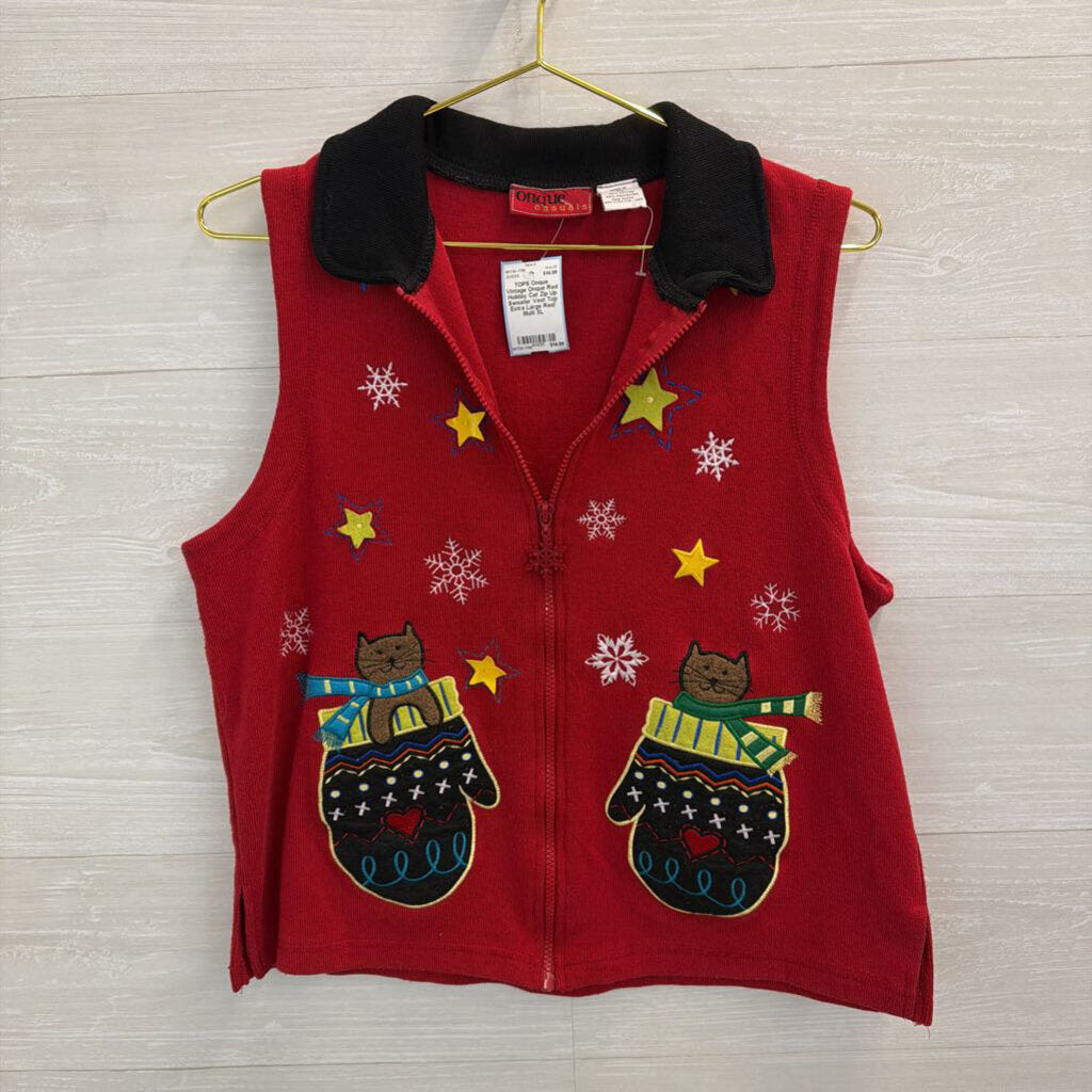 Vintage Onque Red Holiday Cat Zip Up Sweater Vest Top Extra Large