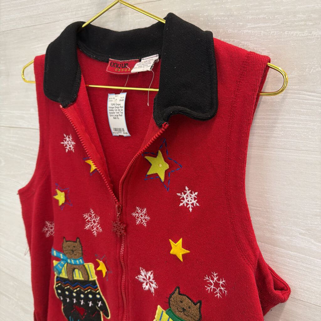 Vintage Onque Red Holiday Cat Zip Up Sweater Vest Top Extra Large