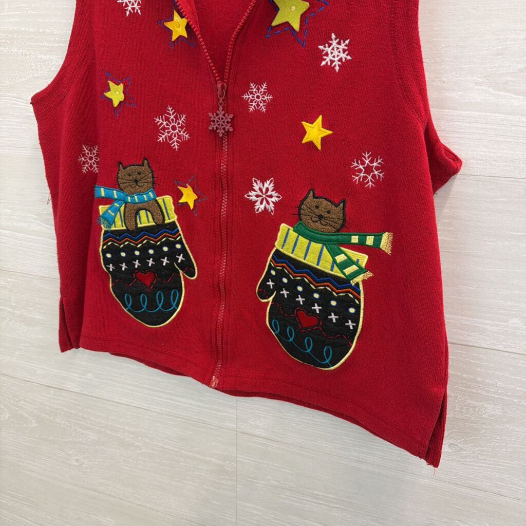 Vintage Onque Red Holiday Cat Zip Up Sweater Vest Top Extra Large
