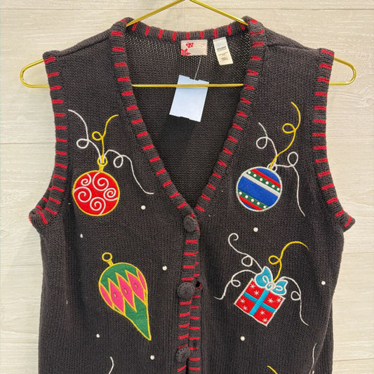 Vintage Holiday Editions Black/ Multi Knit Holiday Sweater Vest Top Small