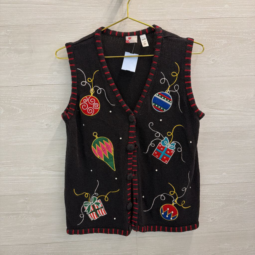 Vintage Holiday Editions Black/ Multi Knit Holiday Sweater Vest Top Small