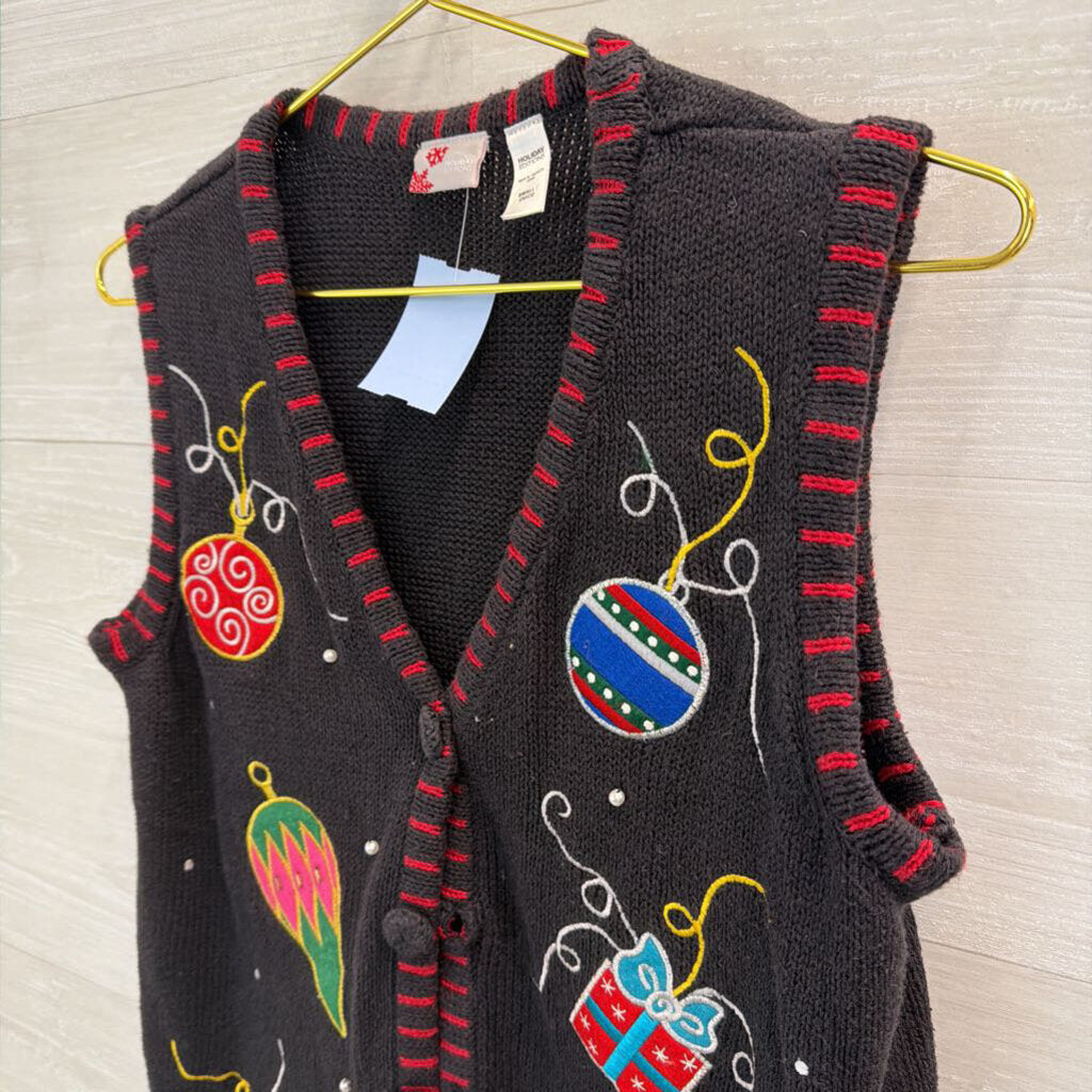 Vintage Holiday Editions Black/ Multi Knit Holiday Sweater Vest Top Small