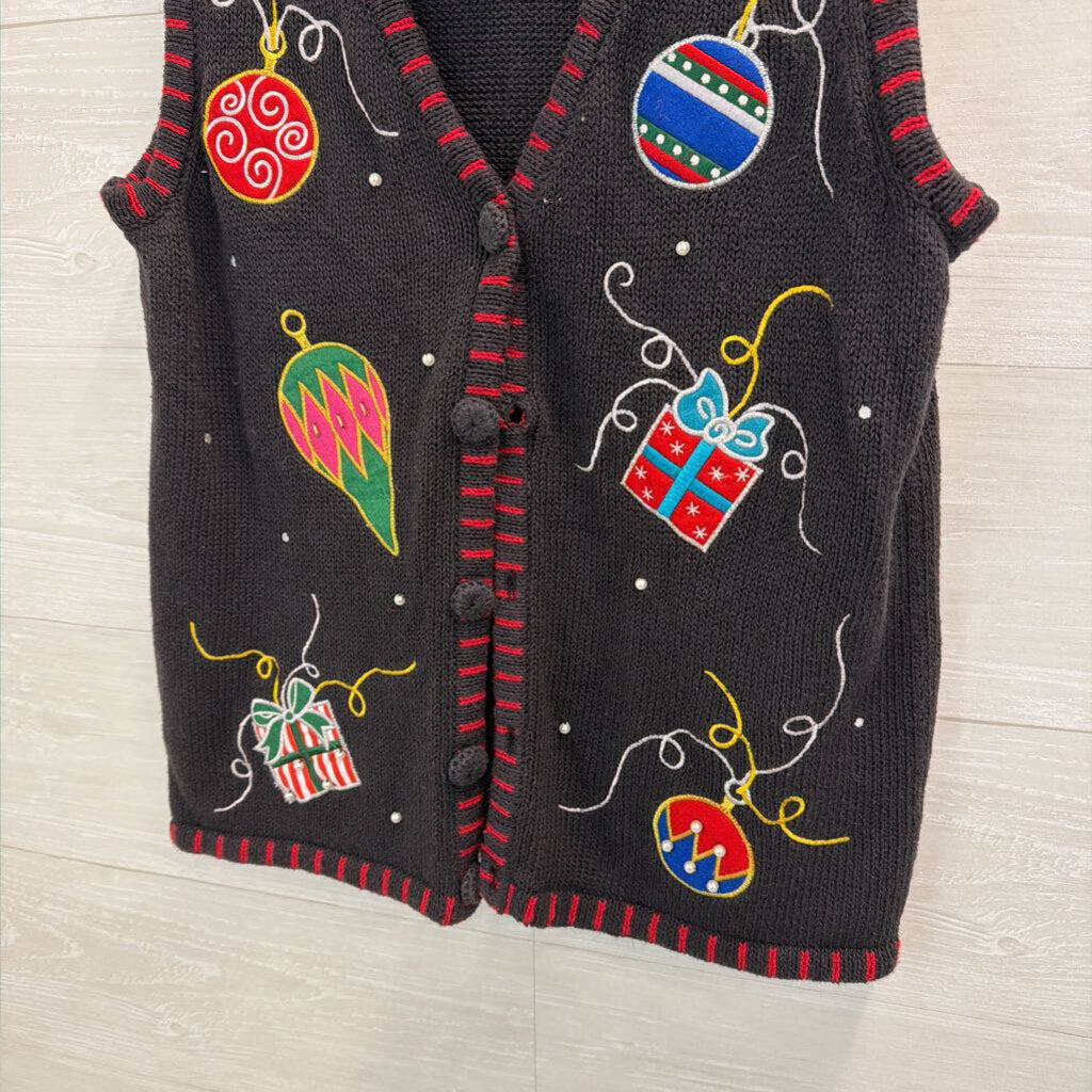 Vintage Holiday Editions Black/ Multi Knit Holiday Sweater Vest Top Small