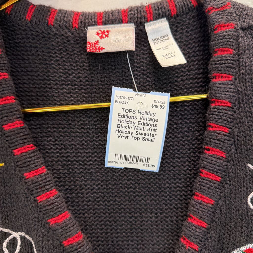 Vintage Holiday Editions Black/ Multi Knit Holiday Sweater Vest Top Small