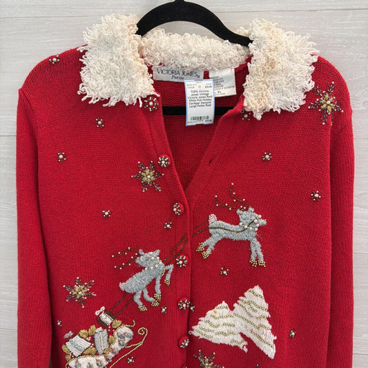Vintage Victoria Jones Red/ White Knit Holiday Cardigan Sweater Large Petite