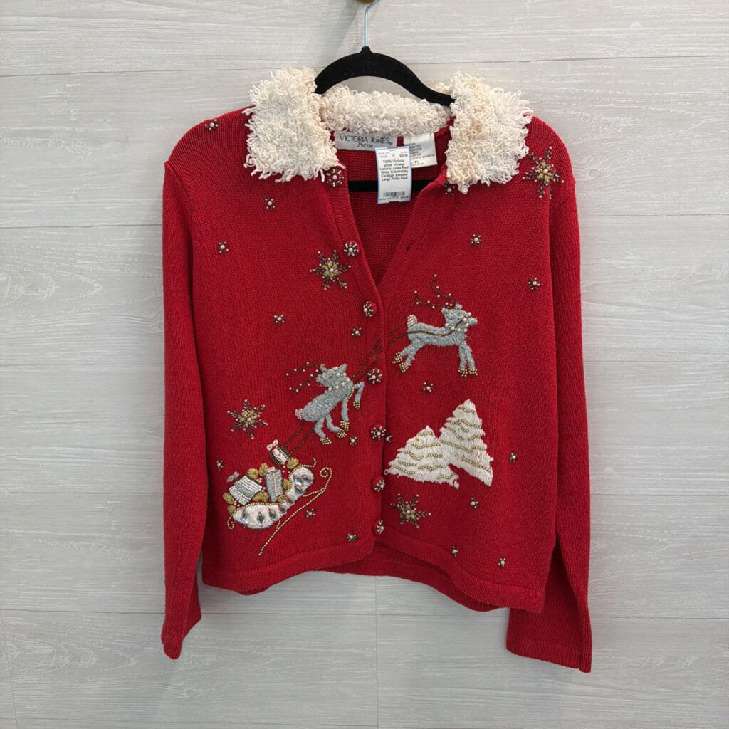 Vintage Victoria Jones Red/ White Knit Holiday Cardigan Sweater Large Petite