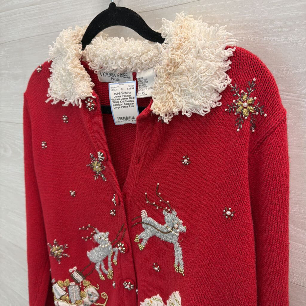 Vintage Victoria Jones Red/ White Knit Holiday Cardigan Sweater Large Petite