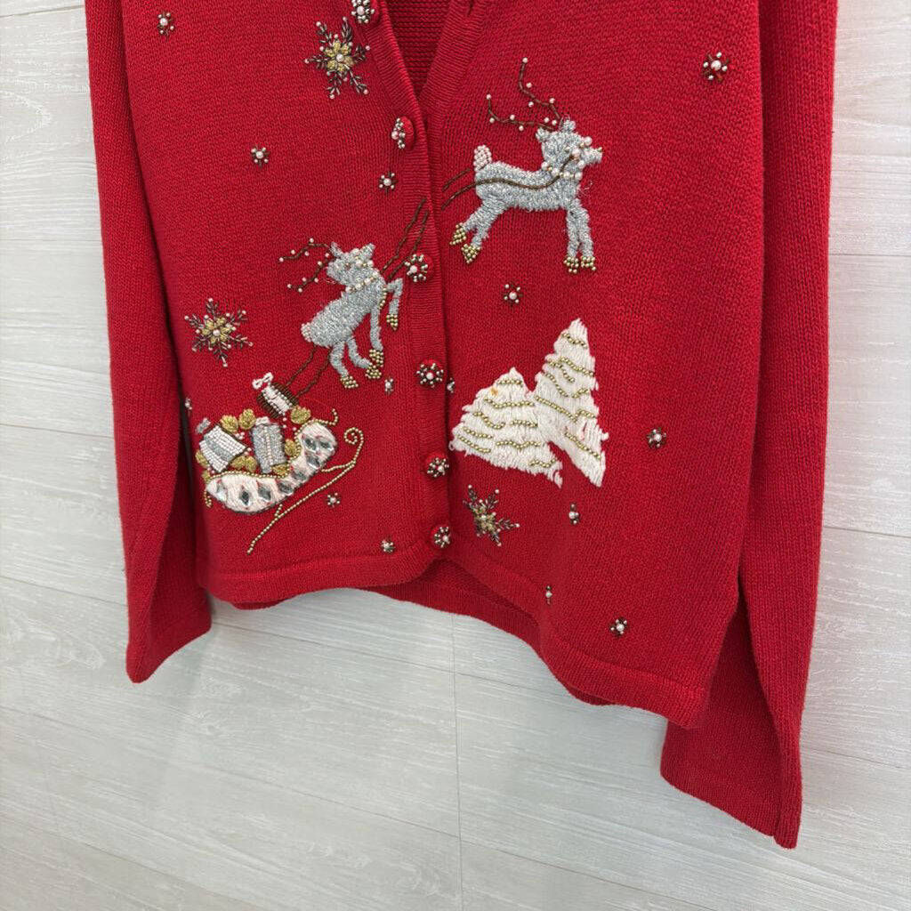 Vintage Victoria Jones Red/ White Knit Holiday Cardigan Sweater Large Petite