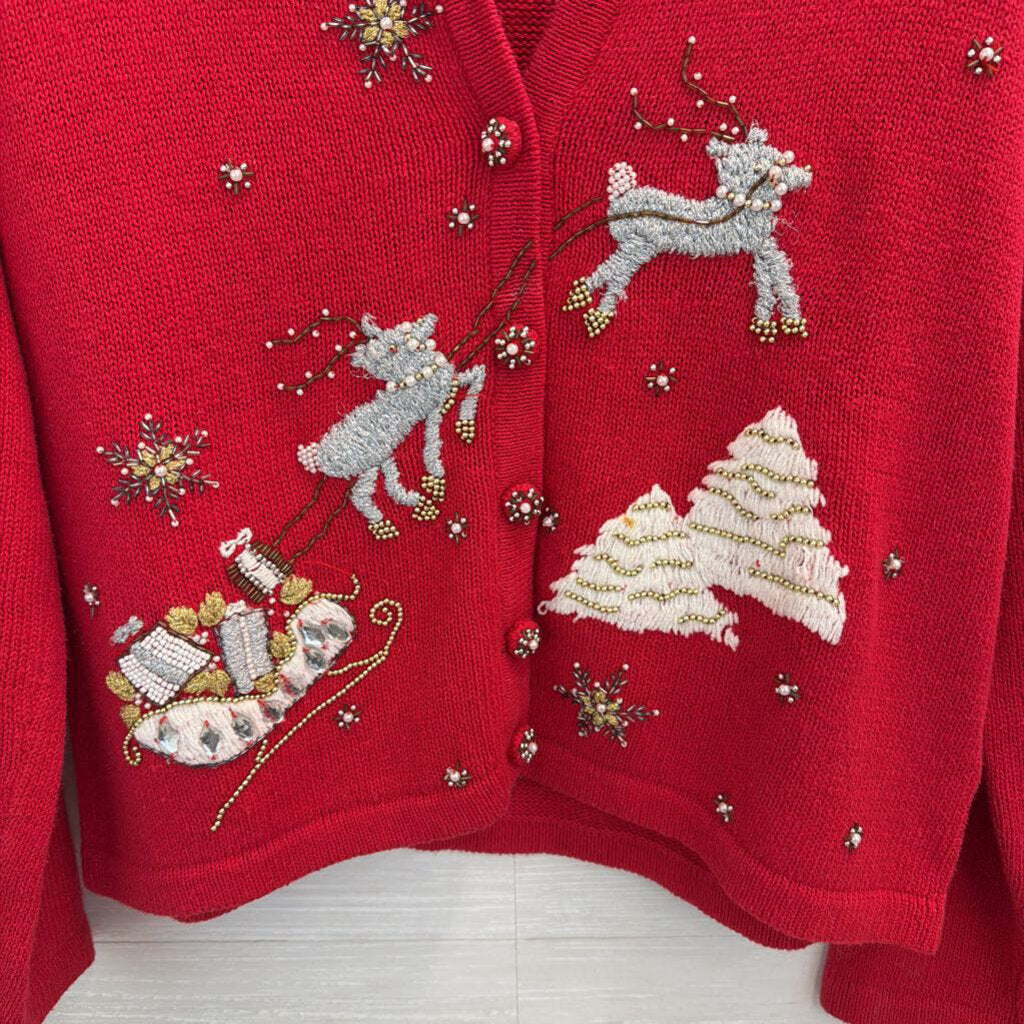 Vintage Victoria Jones Red/ White Knit Holiday Cardigan Sweater Large Petite