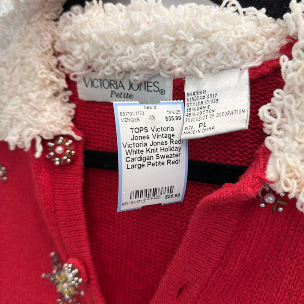 Vintage Victoria Jones Red/ White Knit Holiday Cardigan Sweater Large Petite