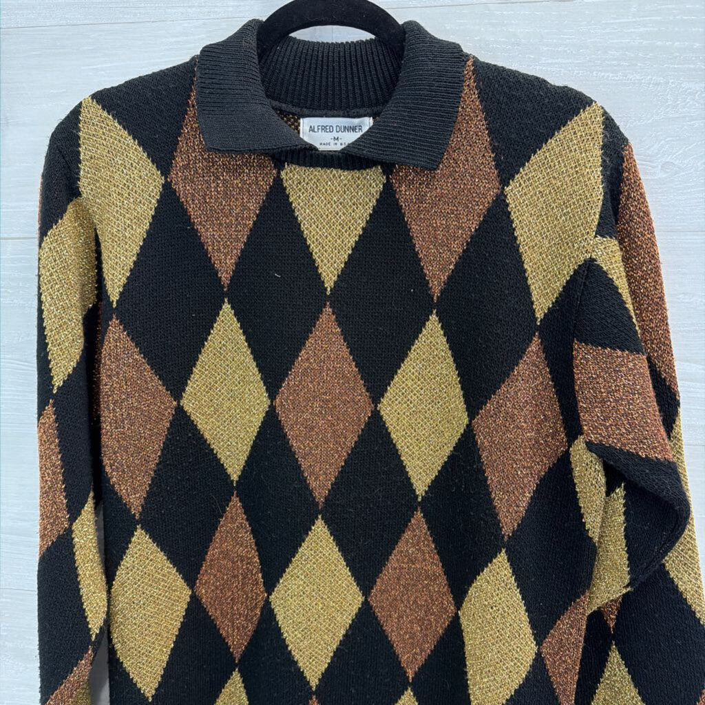 Vintage Alfred Dunner Black/ Gold Metallic Diamond Print Sweater Top Medium