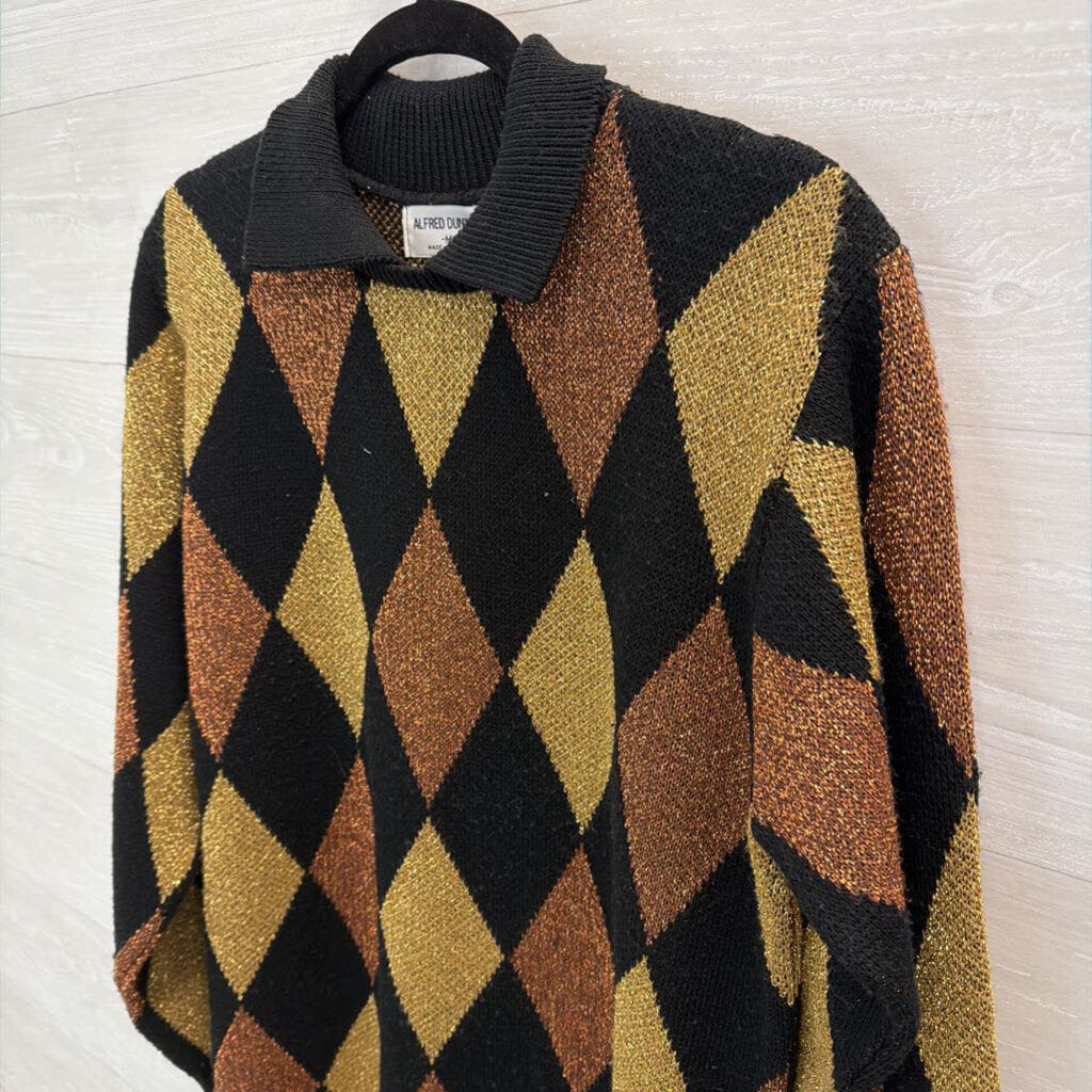 Vintage Alfred Dunner Black/ Gold Metallic Diamond Print Sweater Top Medium