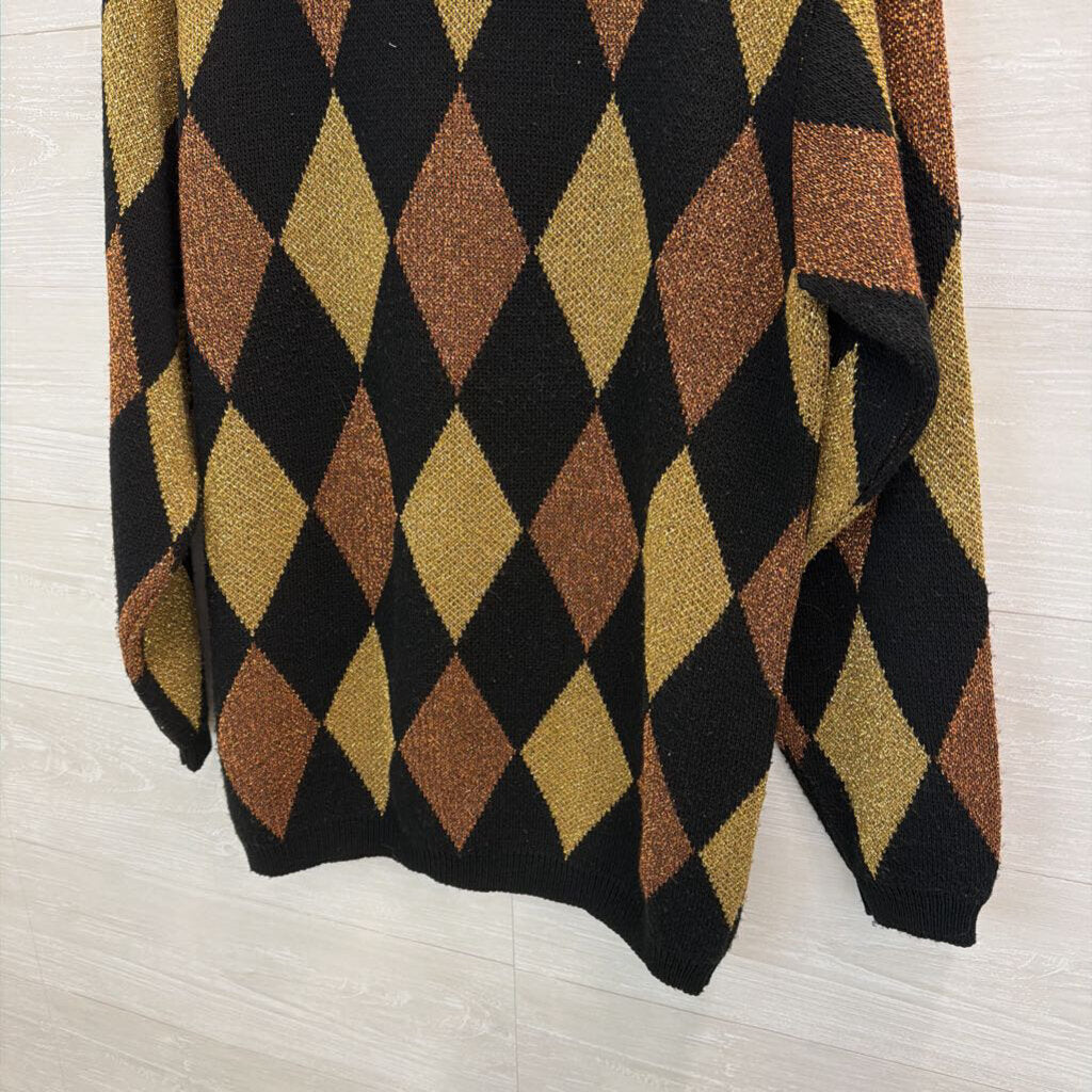 Vintage Alfred Dunner Black/ Gold Metallic Diamond Print Sweater Top Medium