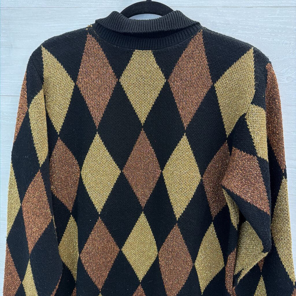Vintage Alfred Dunner Black/ Gold Metallic Diamond Print Sweater Top Medium