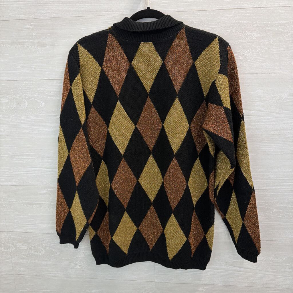 Vintage Alfred Dunner Black/ Gold Metallic Diamond Print Sweater Top Medium