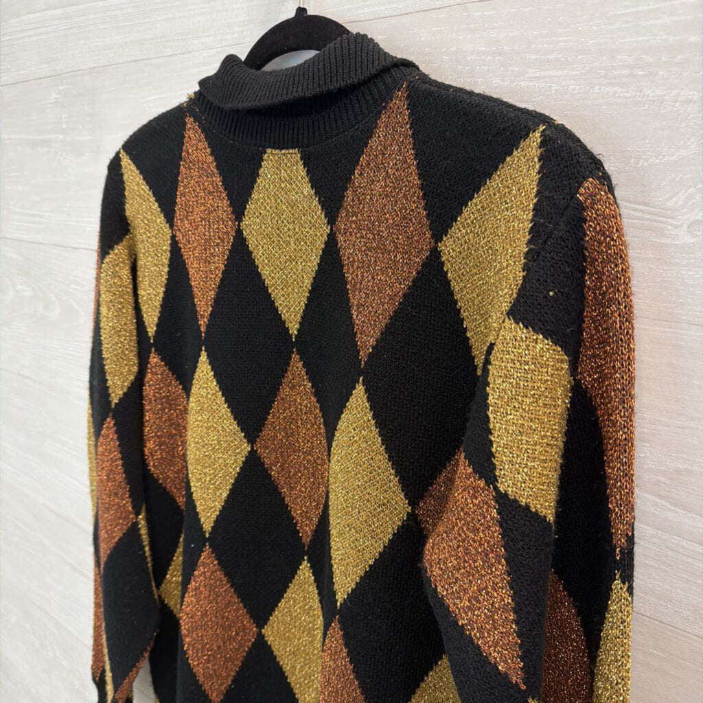 Vintage Alfred Dunner Black/ Gold Metallic Diamond Print Sweater Top Medium