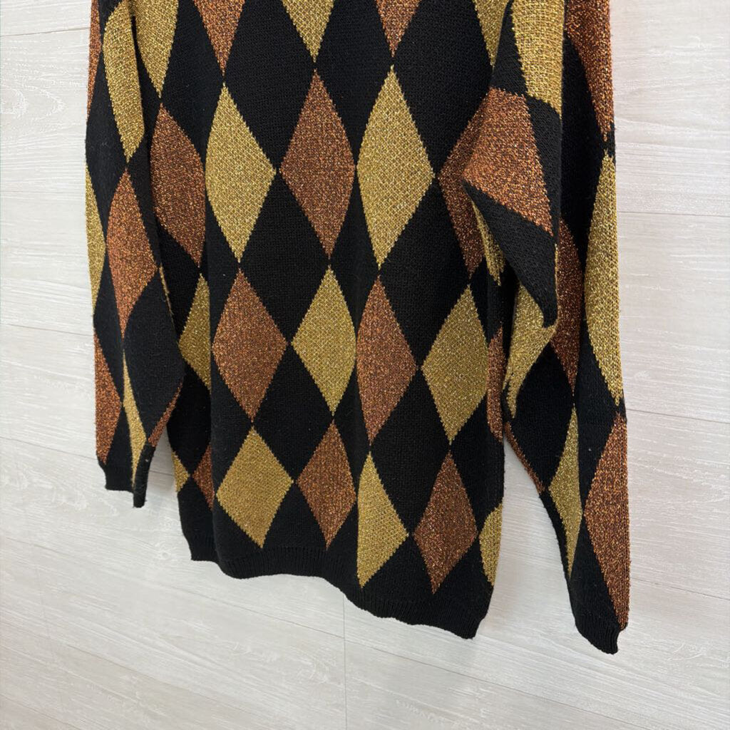 Vintage Alfred Dunner Black/ Gold Metallic Diamond Print Sweater Top Medium