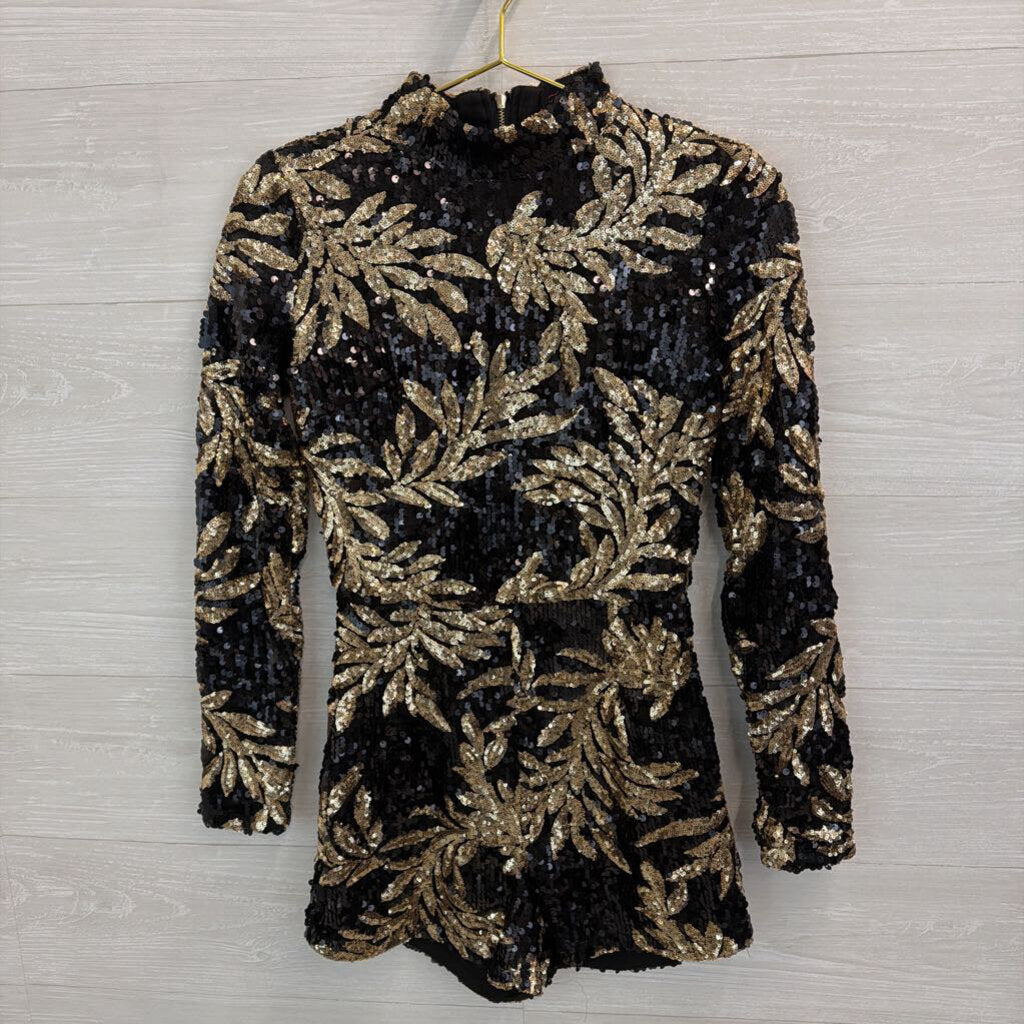 HMS Black/ Gold Sequin Print Long Sleeve Romper Small