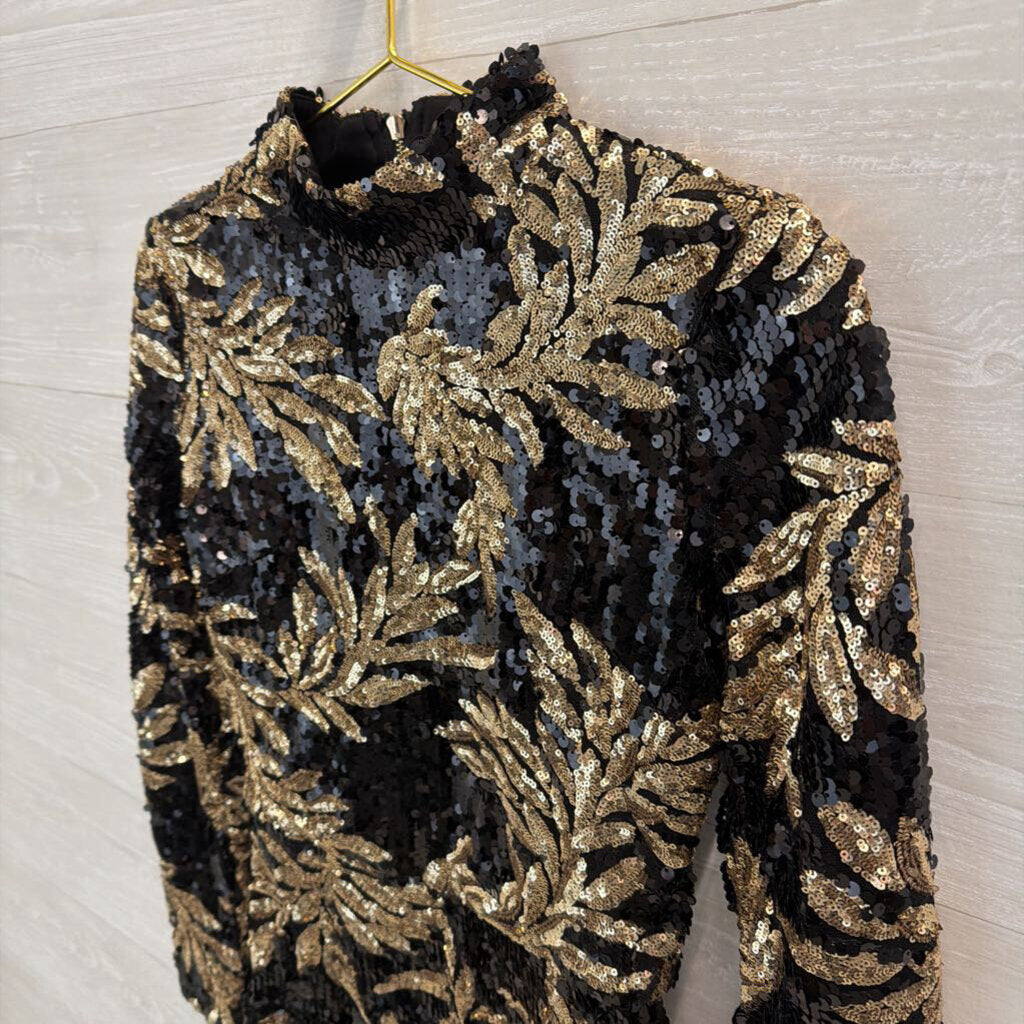HMS Black/ Gold Sequin Print Long Sleeve Romper Small