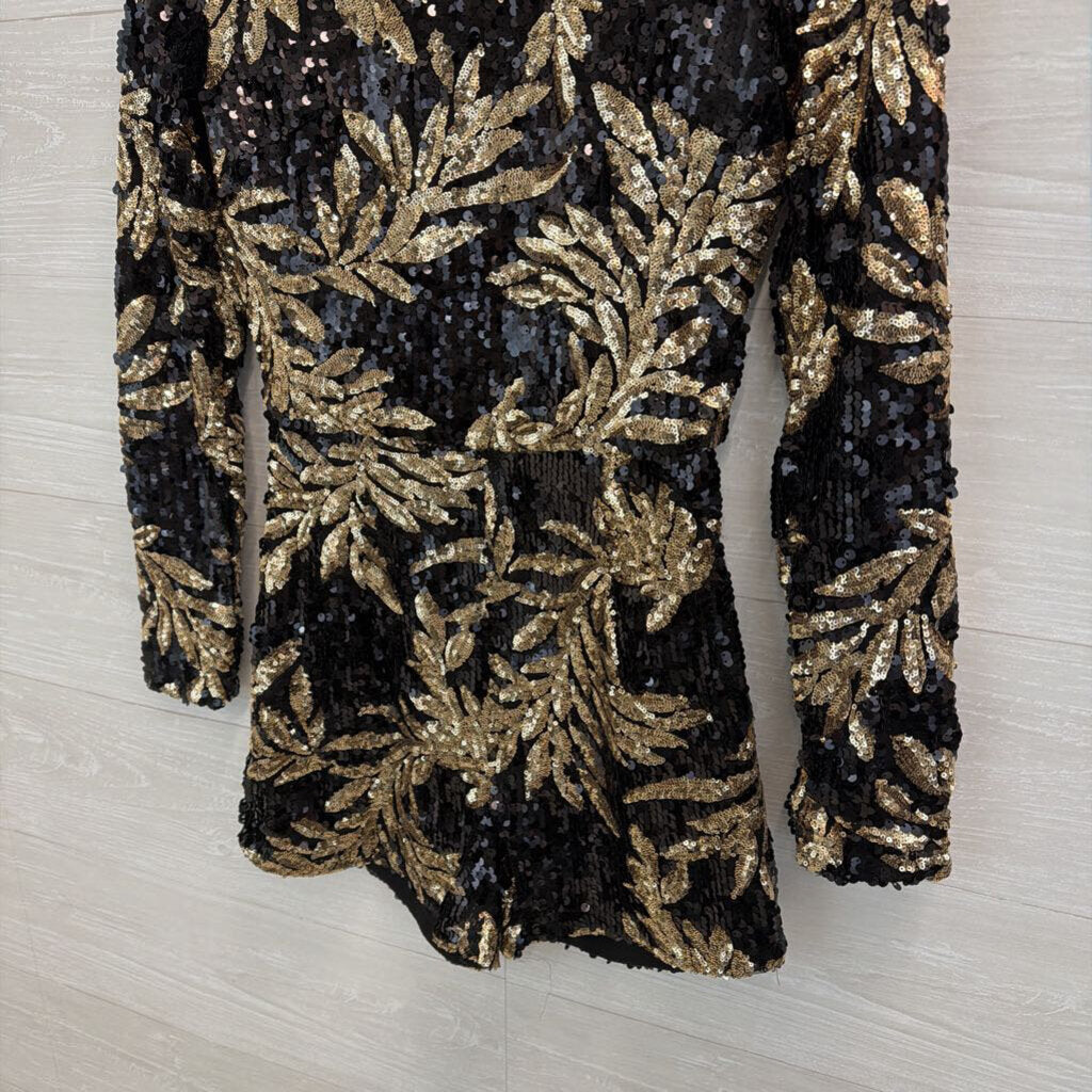 HMS Black/ Gold Sequin Print Long Sleeve Romper Small