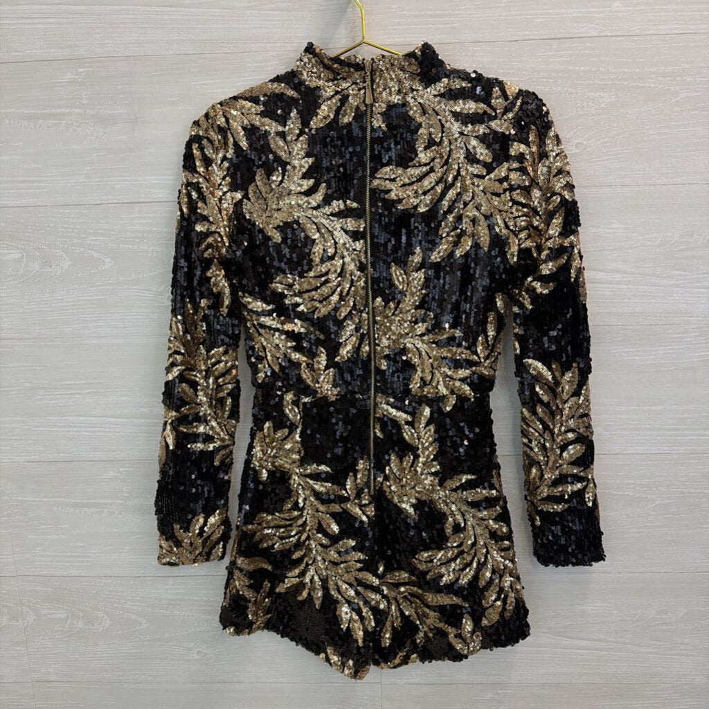 HMS Black/ Gold Sequin Print Long Sleeve Romper Small