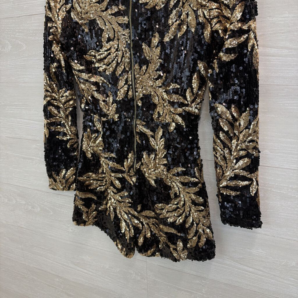 HMS Black/ Gold Sequin Print Long Sleeve Romper Small