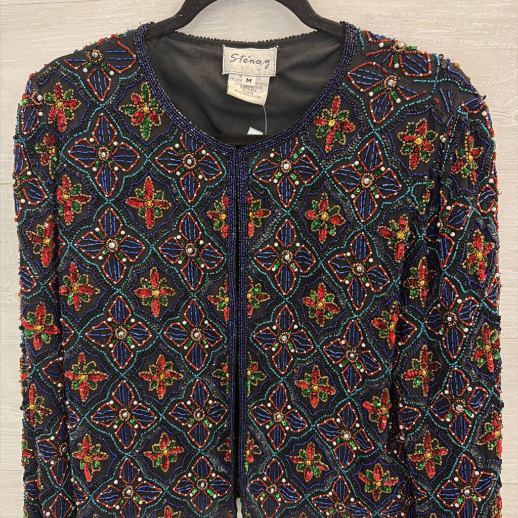 Vintage Stenay Black/ Multi Beaded Jacket Top Medium