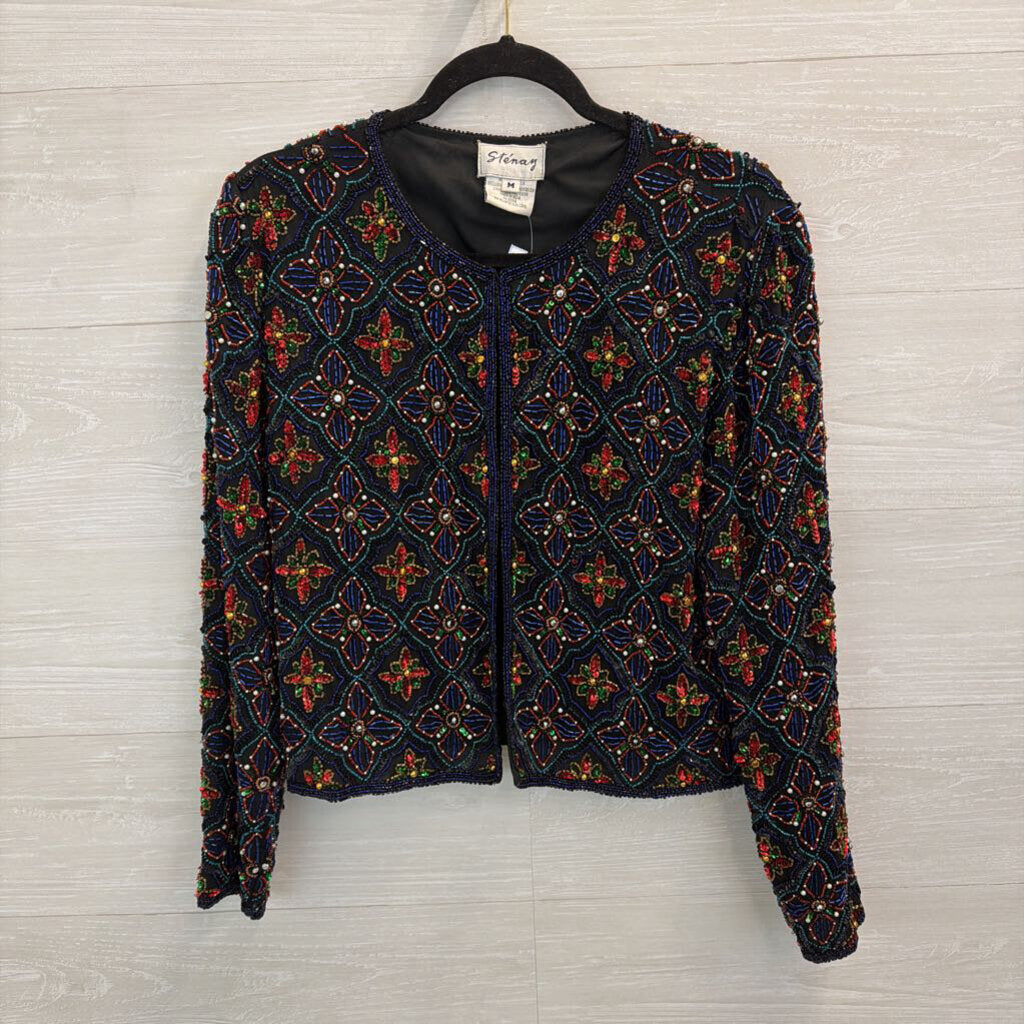 Vintage Stenay Black/ Multi Beaded Jacket Top Medium