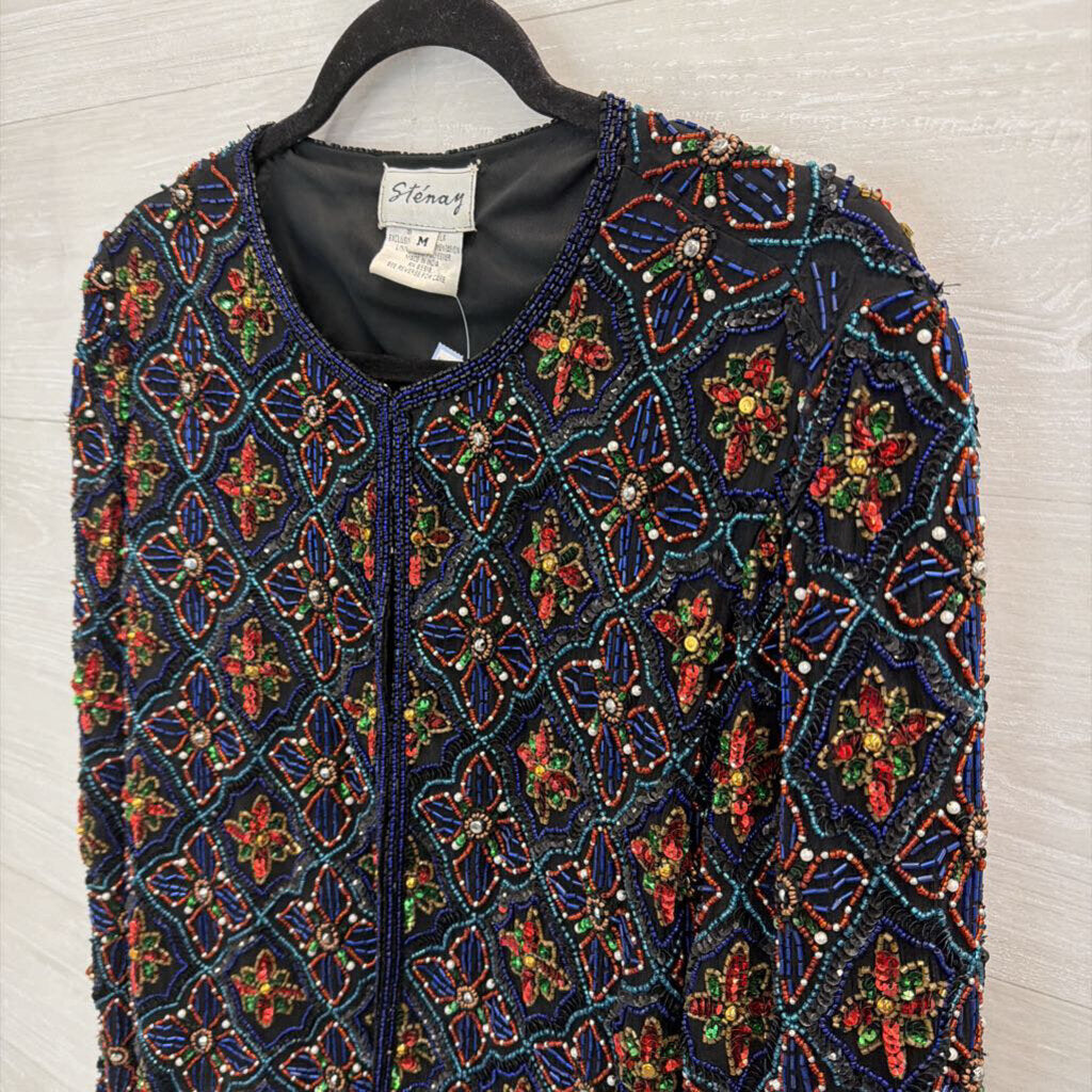 Vintage Stenay Black/ Multi Beaded Jacket Top Medium