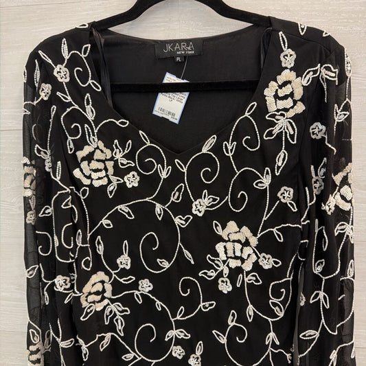 Vintage Jkara Black/ White Beaded Long Sleeve Top Large Petite