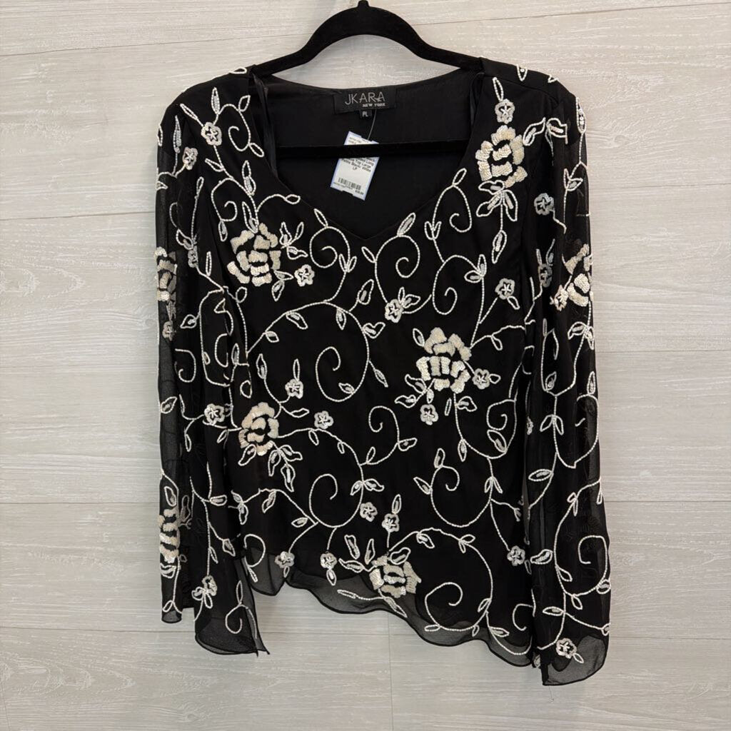 Vintage Jkara Black/ White Beaded Long Sleeve Top Large Petite
