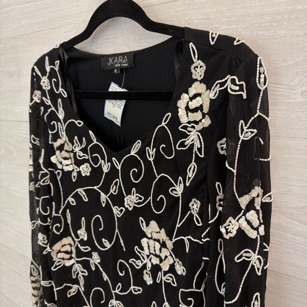 Vintage Jkara Black/ White Beaded Long Sleeve Top Large Petite
