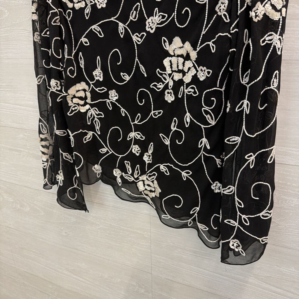 Vintage Jkara Black/ White Beaded Long Sleeve Top Large Petite