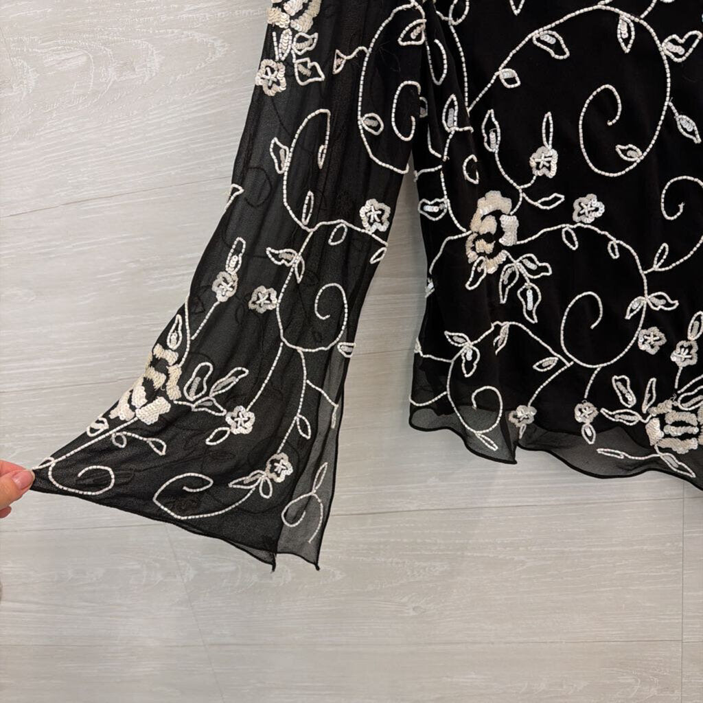 Vintage Jkara Black/ White Beaded Long Sleeve Top Large Petite