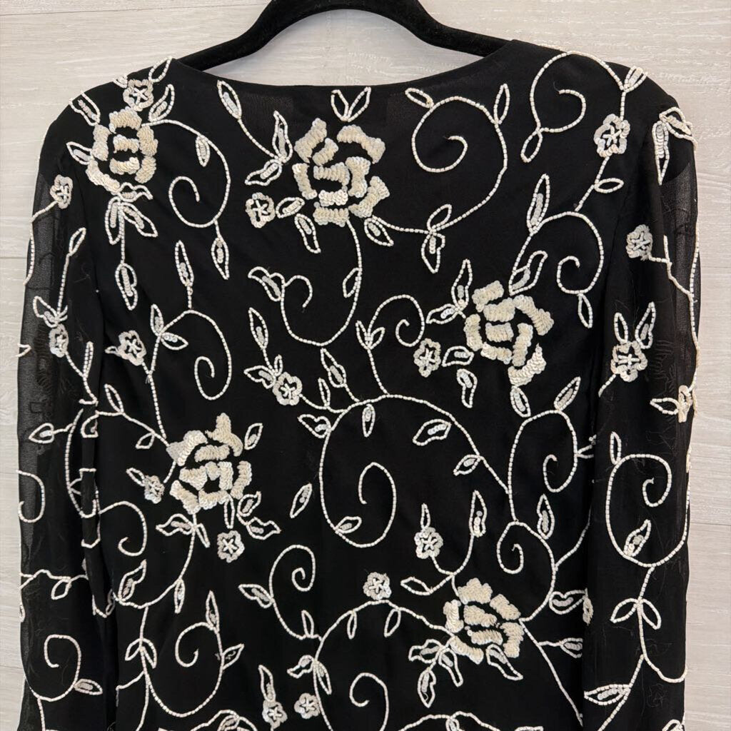 Vintage Jkara Black/ White Beaded Long Sleeve Top Large Petite
