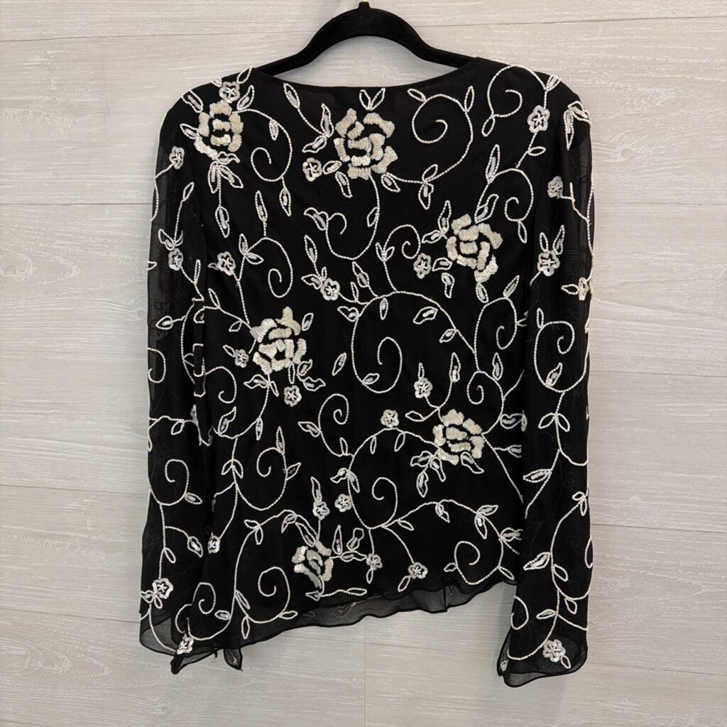 Vintage Jkara Black/ White Beaded Long Sleeve Top Large Petite