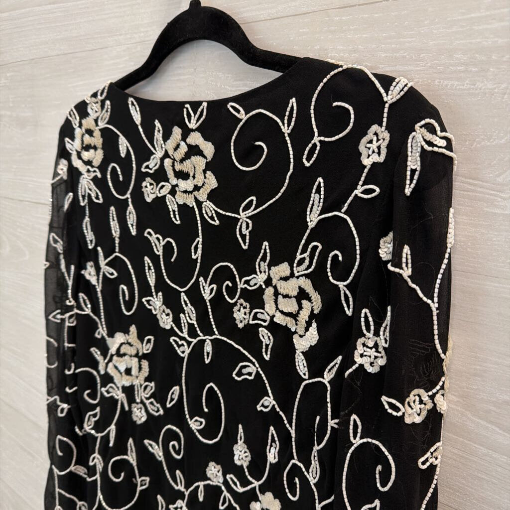Vintage Jkara Black/ White Beaded Long Sleeve Top Large Petite