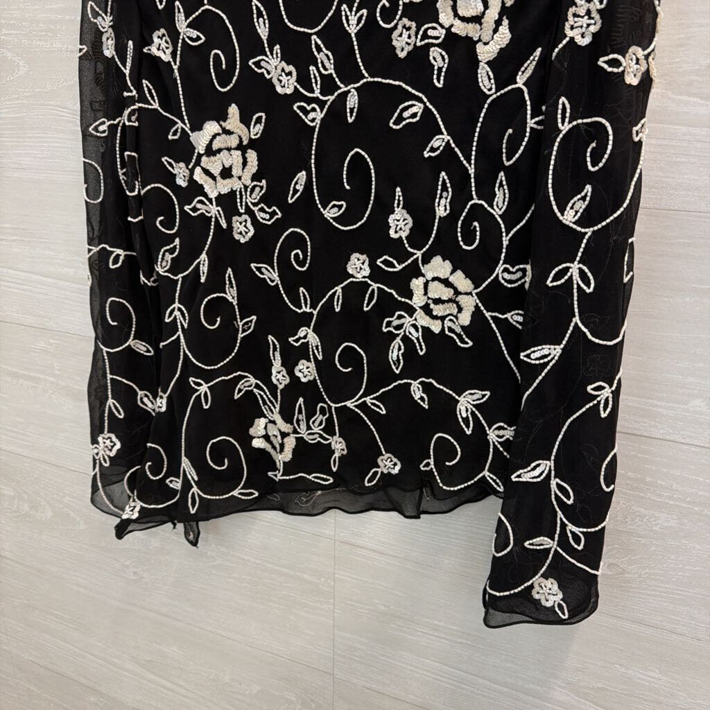 Vintage Jkara Black/ White Beaded Long Sleeve Top Large Petite