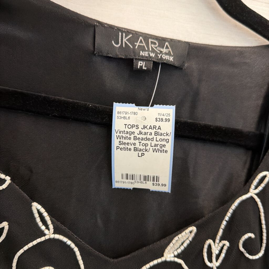 Vintage Jkara Black/ White Beaded Long Sleeve Top Large Petite