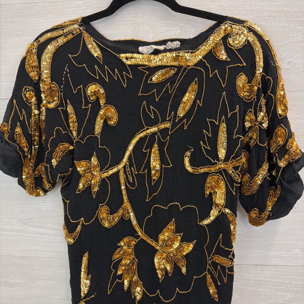 Vintage Swee Lo Black/ Gold Beaded Sequin Short Sleeve Top Small