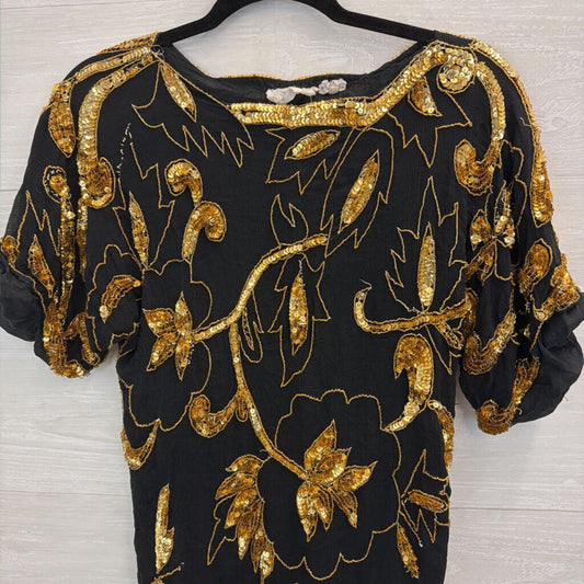 Vintage Swee Lo Black/ Gold Beaded Sequin Short Sleeve Top Small